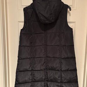Long Black Puffer Weatherproof Vest w/ Hood